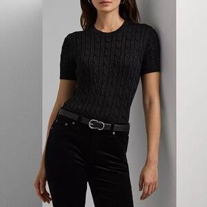 NWT Women Lauren RALPH LAUREN Black Metallic Knit Short Sleeve Sweater Large